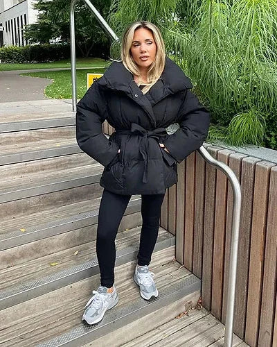 Heidi-Mode | jack mit Gürtel für Damen - warmer brauner Jacke mit oversized Kragen