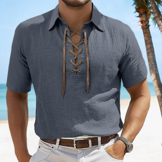Heidi Mode | Leinen Revers Tether V-Ausschnitt Kurzarm-Shirt