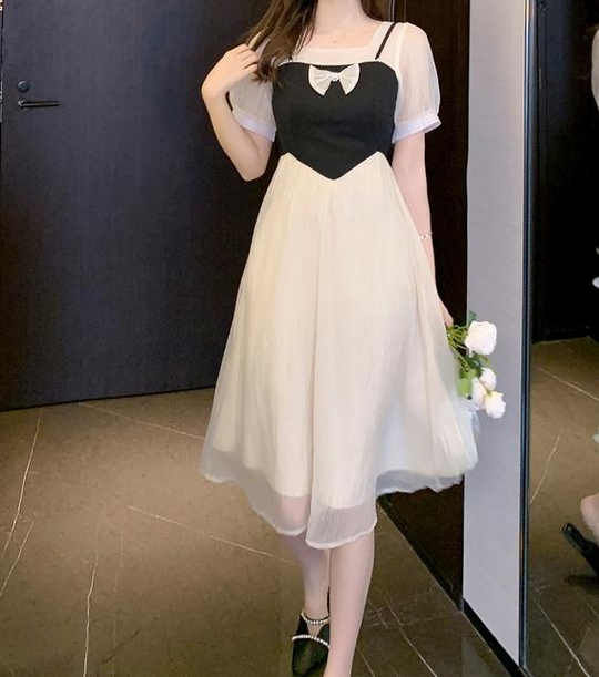 Heidi-Mode | Französische Naht Schleife Chiffon Fake Zwei Teile Kleid