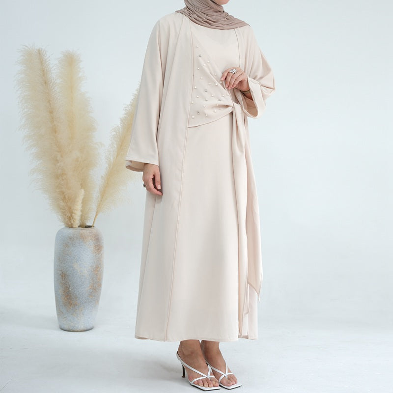 Heidi-Mode | 2-Teiliges Set Spandex Perle Offene Abaya Kleid für Arabische Frauen