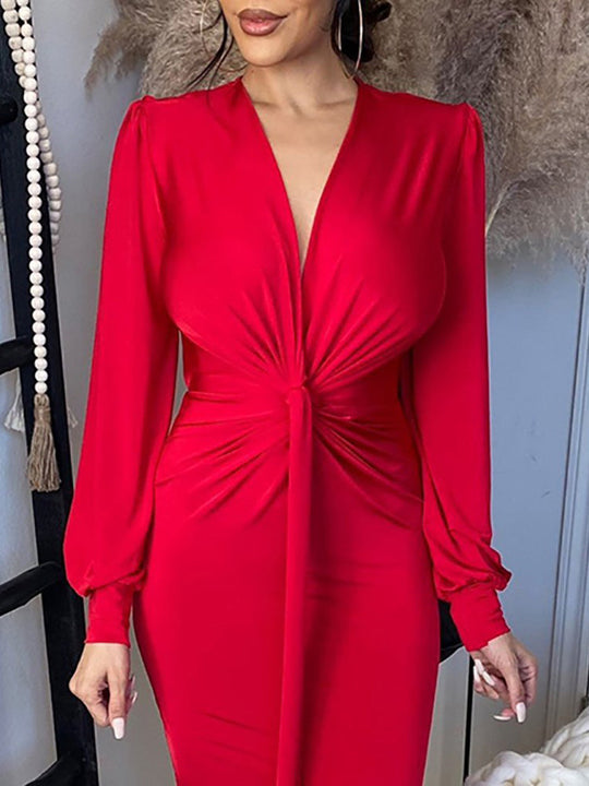 Heidi-Mode | Damen Kleider V-Ausschnitt Langarm Slim Fit Schlitze Kleid