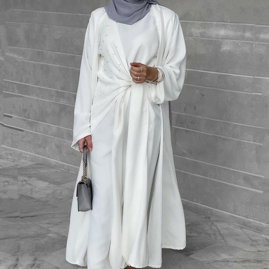 Heidi-Mode | 2-Teiliges Set Spandex Perle Offene Abaya Kleid für Arabische Frauen