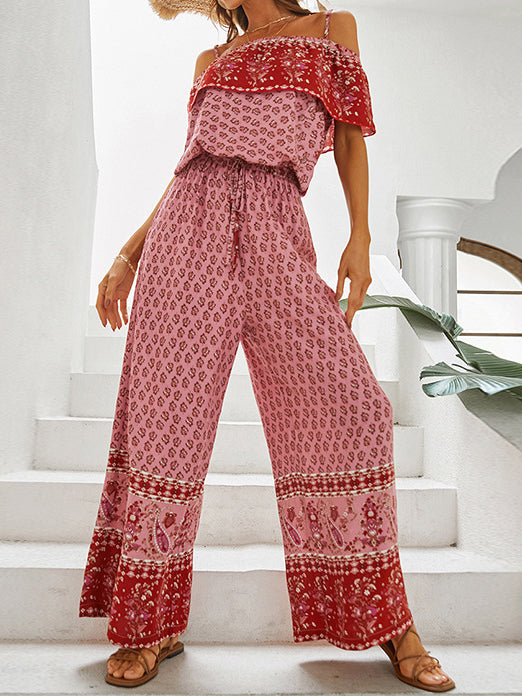 Heidi-Mode | Damen Jumpsuits Sling Off Shoulder Print Breite Beine Jumpsuit