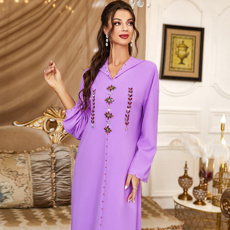 Heidi-Mode | Handgefertigter Strass Kapuzen Weinrote Femme Djellaba Frauen Abaya Kaftan Kleid Jalaba