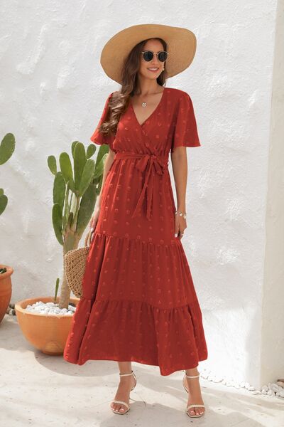 Heidi-Mode | Swiss Dot Gebunden Surplice Kurzarmkleid