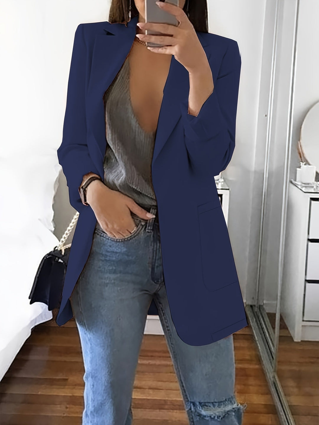 Heidi-Mode | Eleganter Business-Einfarbiger Lange Blazer mit Reversideal für alle Jahreszeiten