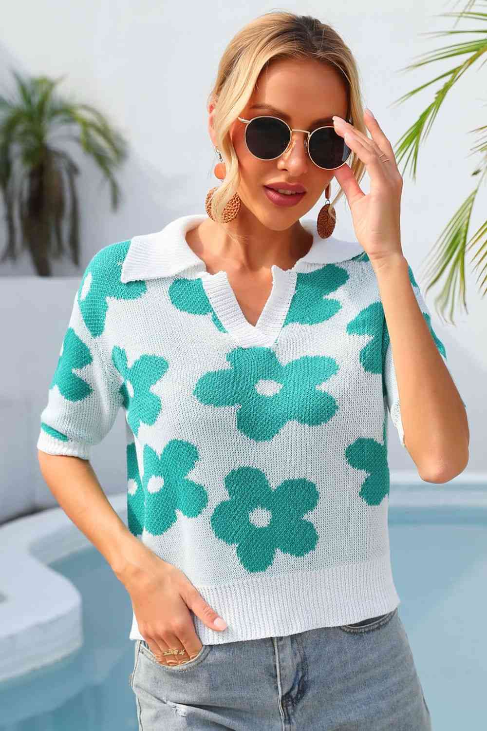 Heidi-Mode | Floral Johnny Kragen Halbarm Strickoberteil