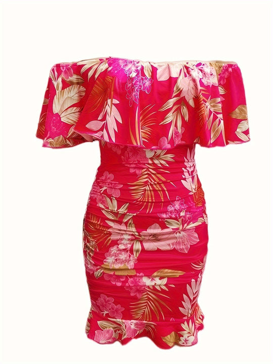 Heidi-Mode | Schulter Kleid mit Blumen Sexy Bodycon mit Raffung für Frühling und Sommer