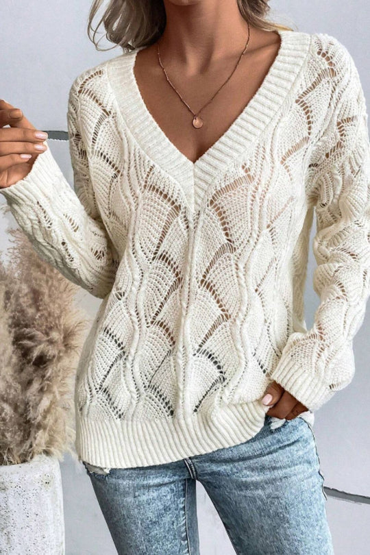 Heidi-Mode | Durchbrochener Pullover Mit V Ausschnitt Und Langen Ärmeln