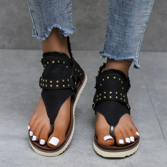 Heidi-Mode | Nieten Rohsaum Flache Sandalen
