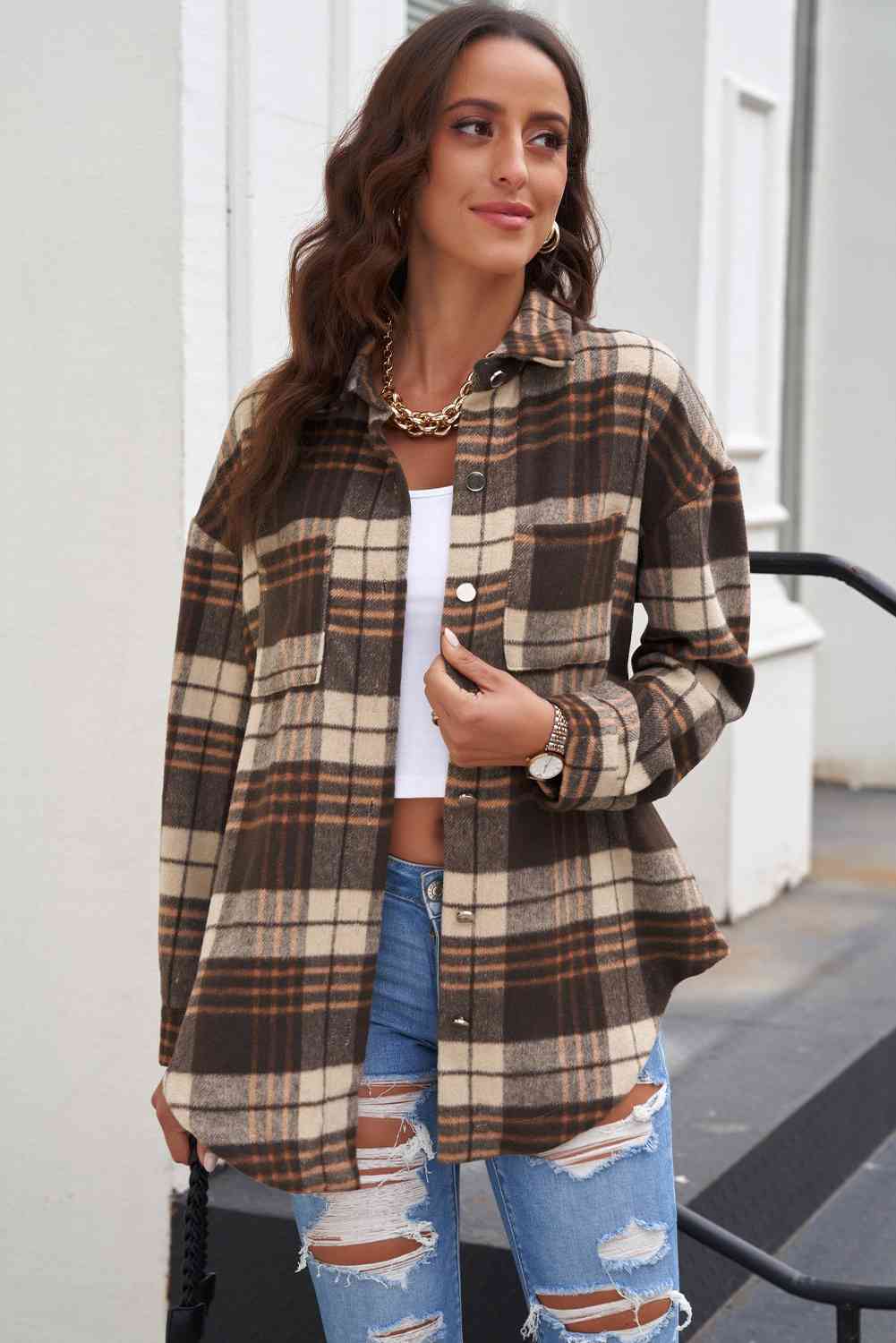 Heidi-Mode | Karo Kurviger Saum Fallende Schulter Langarmhemd Jacke