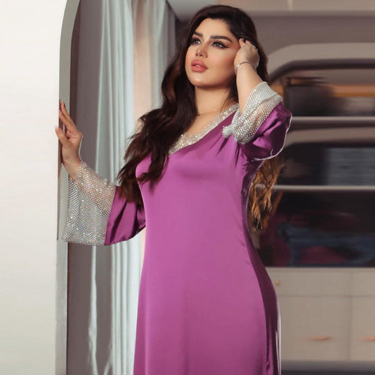 Heidi-Mode | Satin Mesh Pailletten Abaya Kleid Naher Osten Türkische Frauen Kaftan