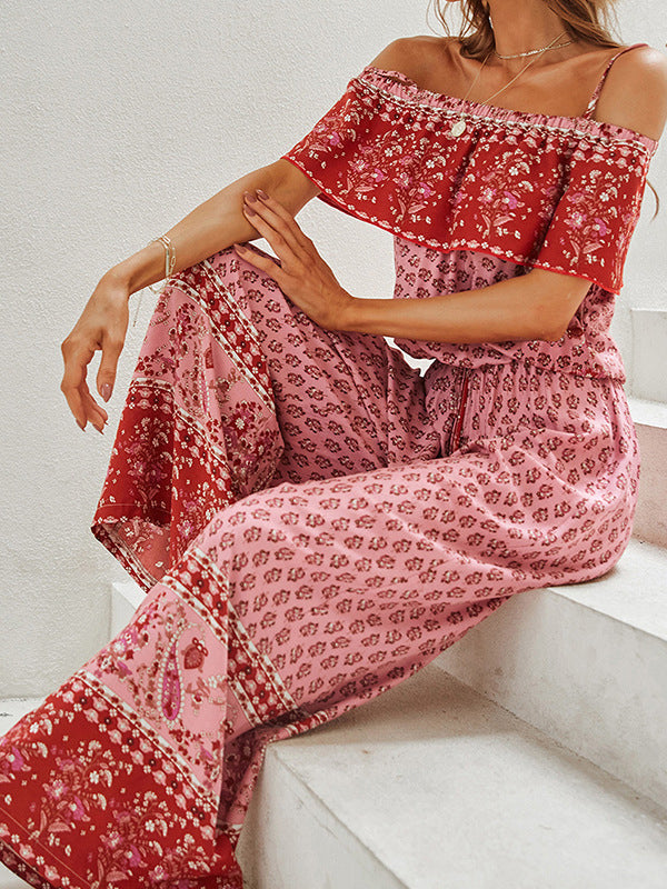 Heidi-Mode | Damen Jumpsuits Sling Off Shoulder Print Breite Beine Jumpsuit