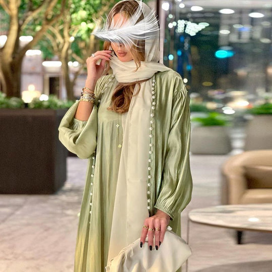 Heidi-Mode | 2 Teile Set Satin Perlen Muslimische Frauen Offene Abaya Kleid mit Innentop Ärmeloses Kleid