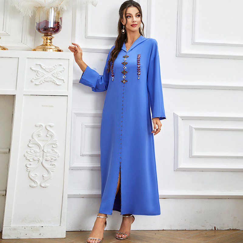 Heidi-Mode | Handgefertigter Strass Kapuzen Weinrote Femme Djellaba Frauen Abaya Kaftan Kleid Jalaba