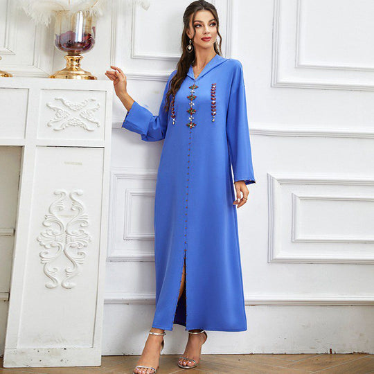 Heidi-Mode | Handgefertigter Strass Kapuzen Weinrote Femme Djellaba Frauen Abaya Kaftan Kleid Jalaba
