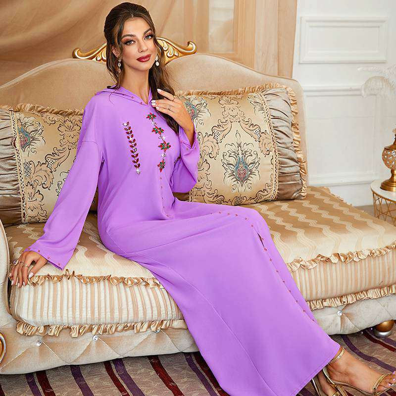 Heidi-Mode | Handgefertigter Strass Kapuzen Weinrote Femme Djellaba Frauen Abaya Kaftan Kleid Jalaba