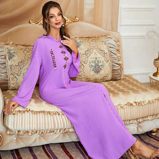 Heidi-Mode | Handgefertigter Strass Kapuzen Weinrote Femme Djellaba Frauen Abaya Kaftan Kleid Jalaba