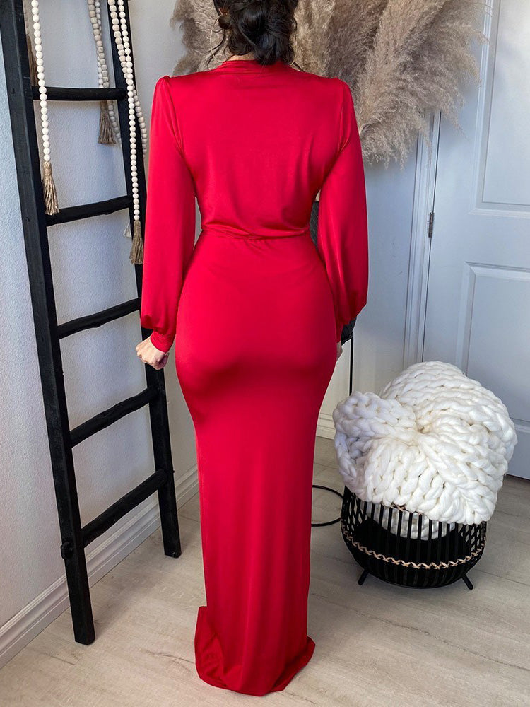 Heidi-Mode | Damen Kleider V-Ausschnitt Langarm Slim Fit Schlitze Kleid