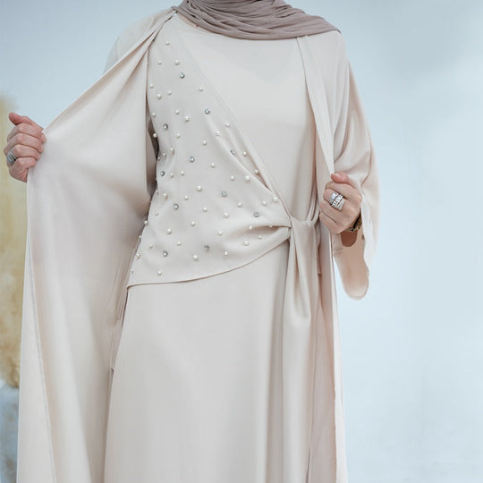 Heidi-Mode | 2-Teiliges Set Spandex Perle Offene Abaya Kleid für Arabische Frauen