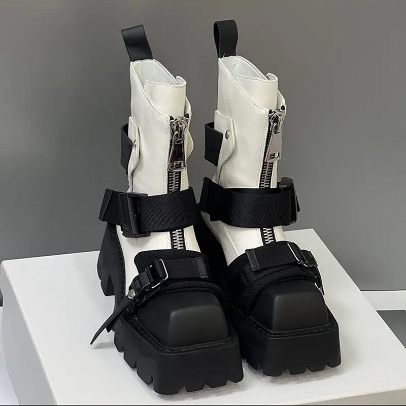 Heidi-Mode | Leder Damen Quadrat Zehen Dicke Sohle Vorne Reißverschluss Stiefeletten