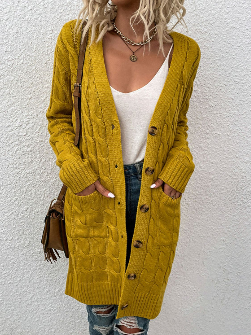Heidi-Mode | Kabelstrick Knopfverschluss Cardigan mit Taschen