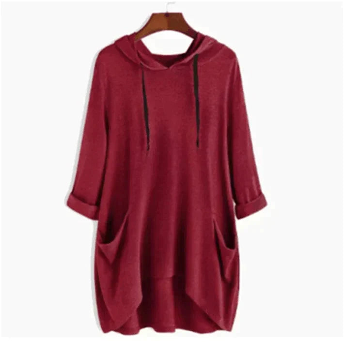 Heidi-Mode | Damen Hoodie Einfarbig Lässige Passform mit Ungleichmäßigem Taschen