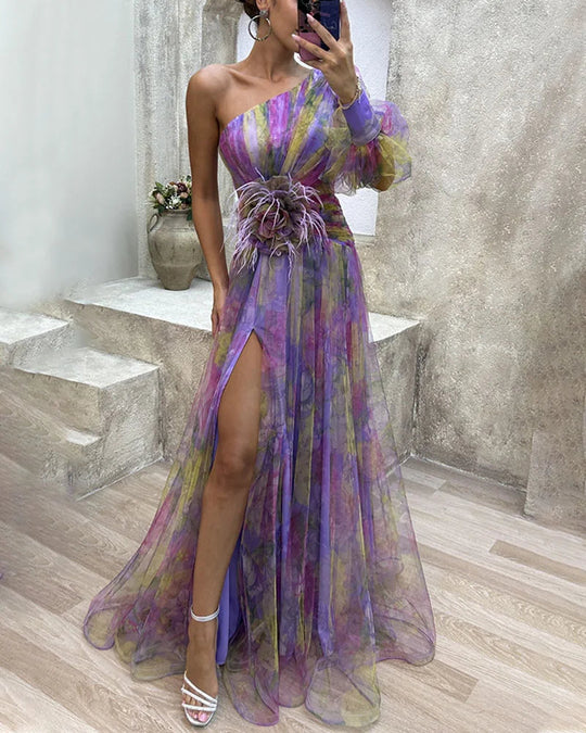 Heidi-Mode | One Shoulder Maxi Strandkleid mit Tie Dye Print Damen