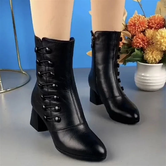 Heidi-Mode | Damen Warme Seitenknopf Leder Stiefeletten