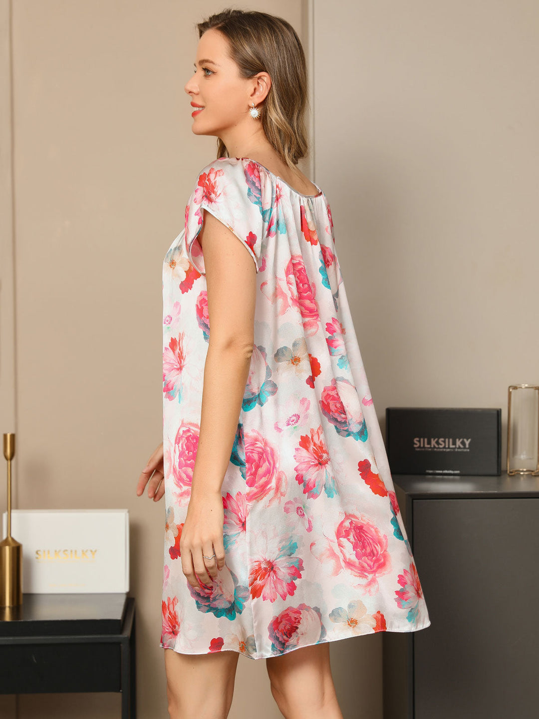 Heidi-Mode | 100% Seide Blumenmuster Lässig Süß Nachthemd