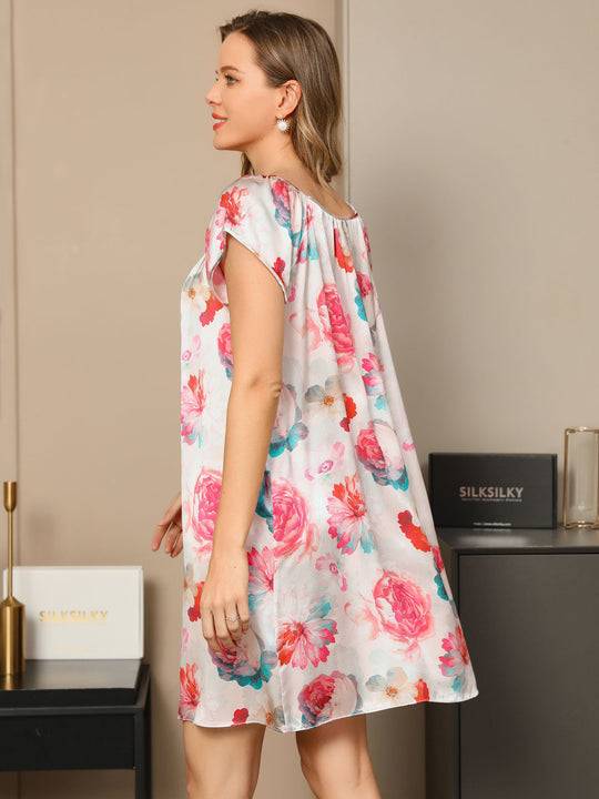 Heidi-Mode | 100% Seide Blumenmuster Lässig Süß Nachthemd