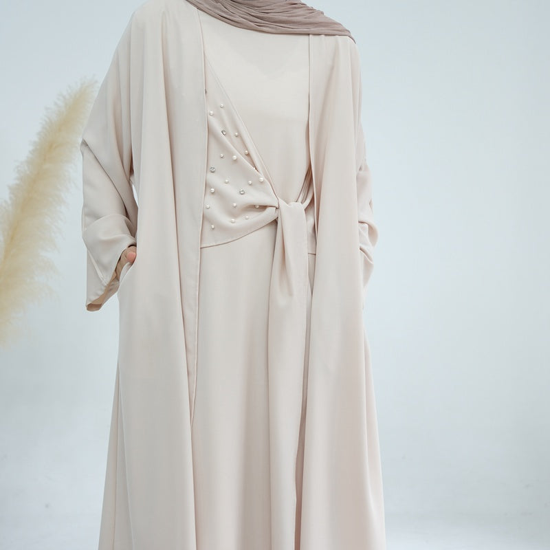 Heidi-Mode | 2-Teiliges Set Spandex Perle Offene Abaya Kleid für Arabische Frauen