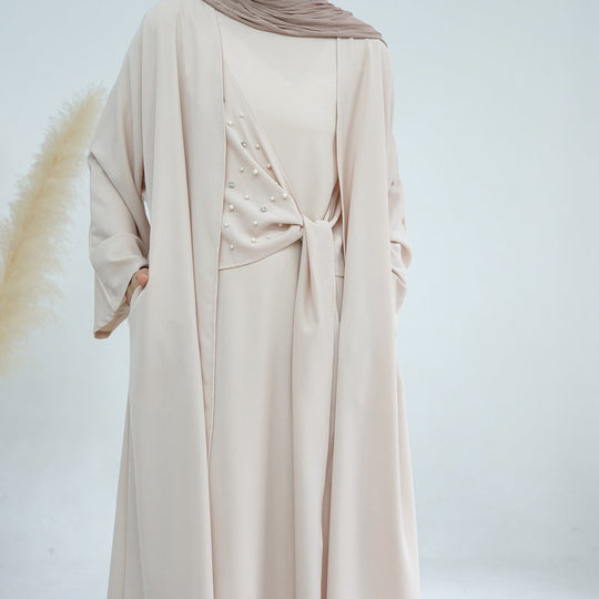 Heidi-Mode | 2-Teiliges Set Spandex Perle Offene Abaya Kleid für Arabische Frauen