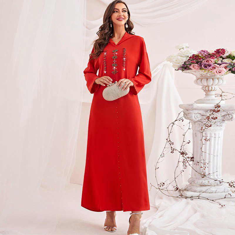 Heidi-Mode | Handgefertigter Strass Kapuzen Weinrote Femme Djellaba Frauen Abaya Kaftan Kleid Jalaba