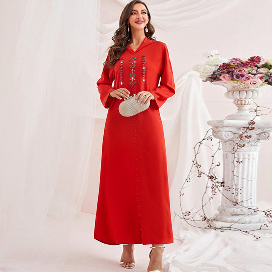 Heidi-Mode | Handgefertigter Strass Kapuzen Weinrote Femme Djellaba Frauen Abaya Kaftan Kleid Jalaba