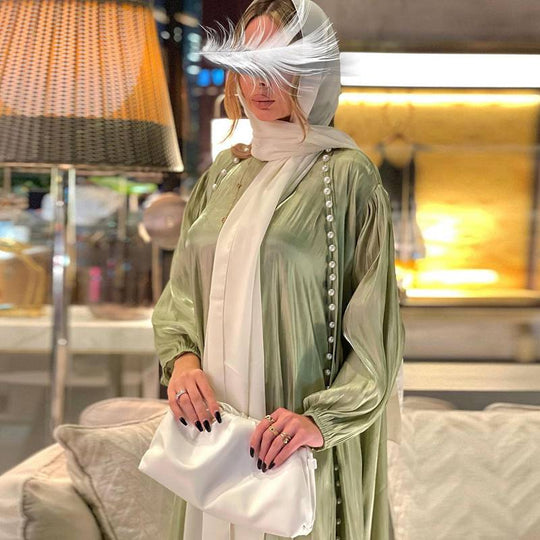 Heidi-Mode | 2 Teile Set Satin Perlen Muslimische Frauen Offene Abaya Kleid mit Innentop Ärmeloses Kleid