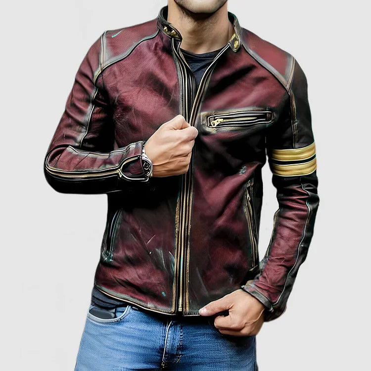 Heidi Stehkragen Farbe Block Biker Zip Up Lederjacke