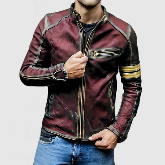 Heidi Stehkragen Farbe Block Biker Zip Up Lederjacke