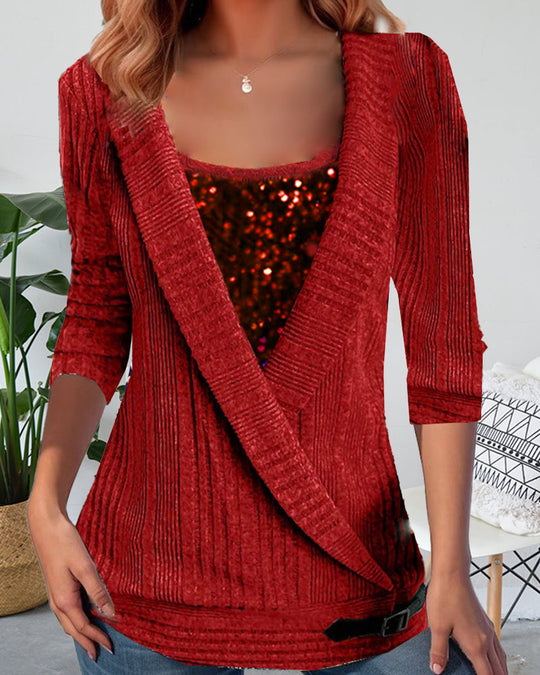 Heidi-Mode | Stilvolle rote Strickjacke mit Fake-Layering und Pailletten