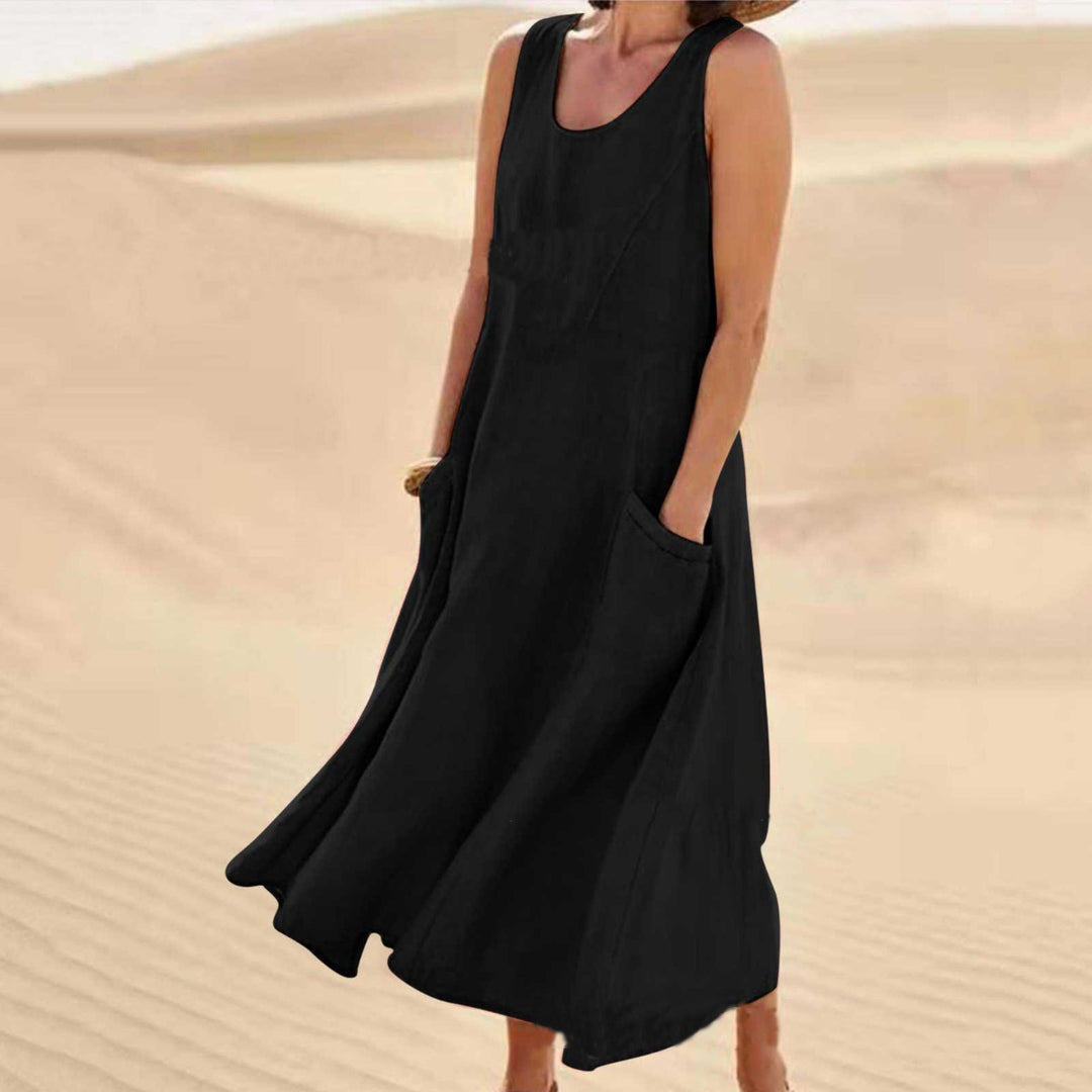 Heidi Mode | Ärmelloses Kleid aus Baumwolle und Leinen mit Rundhalsausschnitt und Tasche