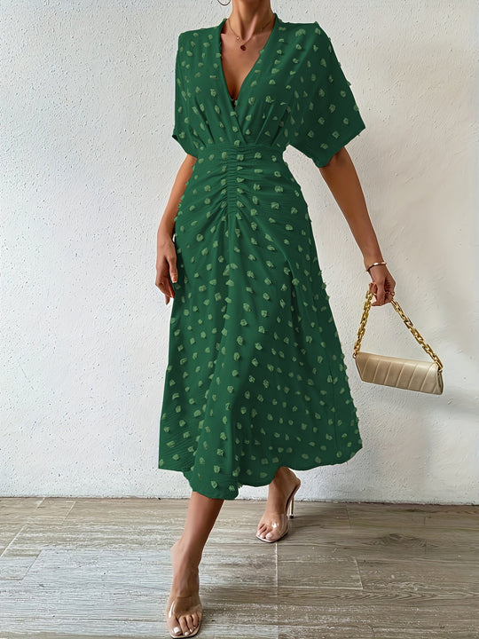 Heidi-Mode | Swiss Dot Rüsch Plissee Tiefer U-Ausschnitt Kurze Ärmel Midi Formelle Kleid für Frauen