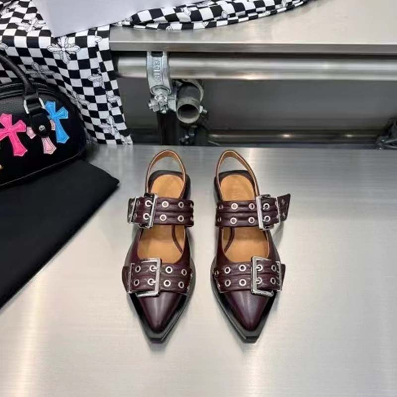Heidi-Mode | Spitz Zehen Gürtel Schnalle Mules Leder Flach Sandalen
