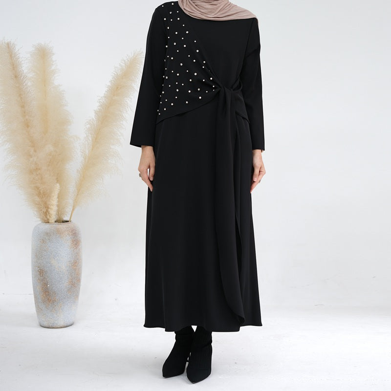 Heidi-Mode | 2-Teiliges Set Spandex Perle Offene Abaya Kleid für Arabische Frauen