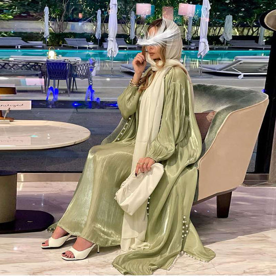 Heidi-Mode | 2 Teile Set Satin Perlen Muslimische Frauen Offene Abaya Kleid mit Innentop Ärmeloses Kleid