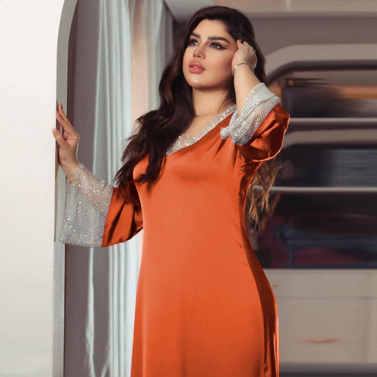 Heidi-Mode | Satin Mesh Pailletten Abaya Kleid Naher Osten Türkische Frauen Kaftan