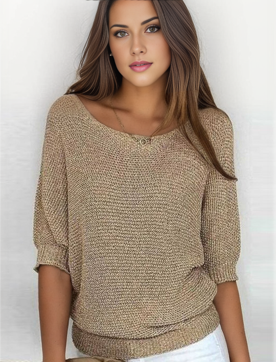 Goldfarbener Rundhals-Pullover in Uni-Farbe