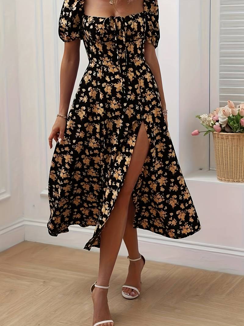 florale Puffärmel mit Schlitz Kleid