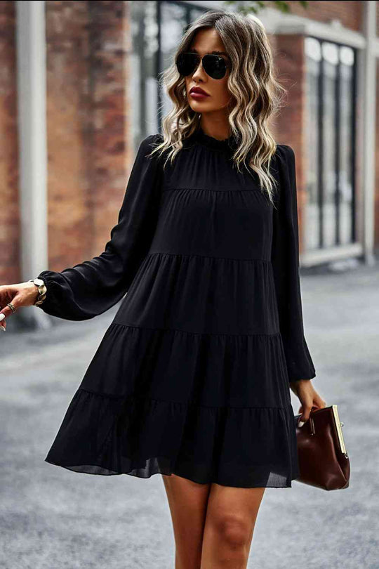 Heidi-Mode | Gebunden Rüschkragen Puffärmel Mini Kleid