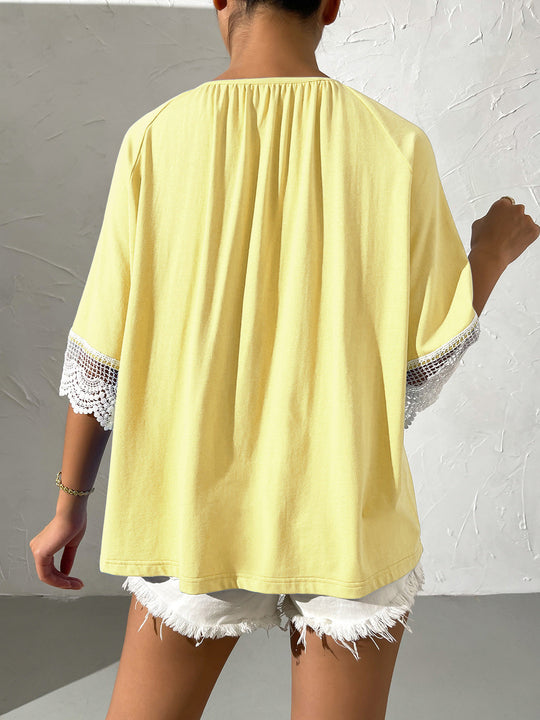 Heidi-Mode | Damen T-Shirts Lockere Rundhals Spitze Kurzarm T-Shirt