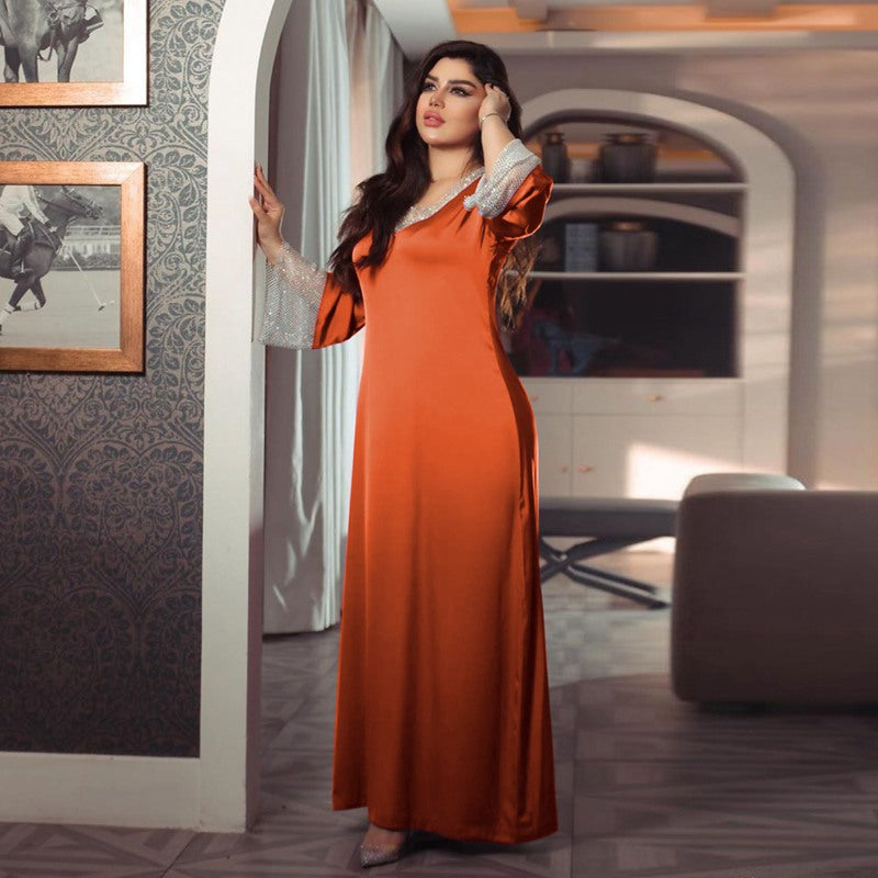Heidi-Mode | Satin Mesh Pailletten Abaya Kleid Naher Osten Türkische Frauen Kaftan
